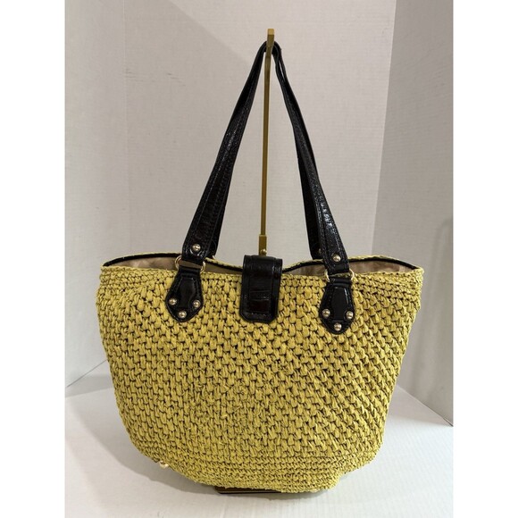 Michael Kors Womens Santorini Tote Bag Yellow Black Straw Patent Leather Woven - Picture 2 of 16